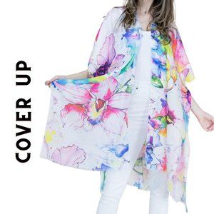 Pink Floral Chiffon Beach Swim Cover Up Top OS